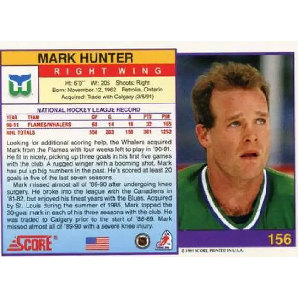 1991-92 Score American #156 Mark Hunter NM-MT Hartford Whalers Hockey Card - Hockey Card Single