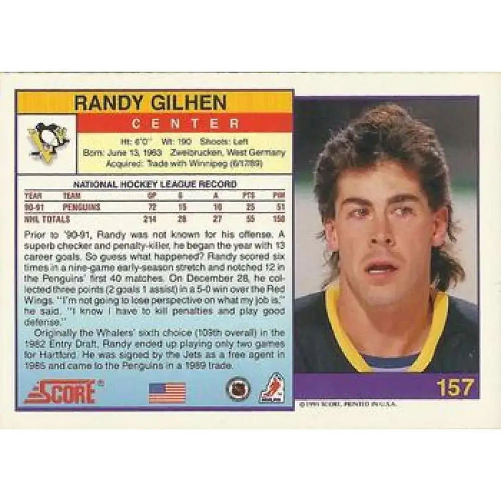 1991-92 Score American #157 Randy Gilhen NM-MT Pittsburgh Penguins Hockey Card - Hockey Card Single