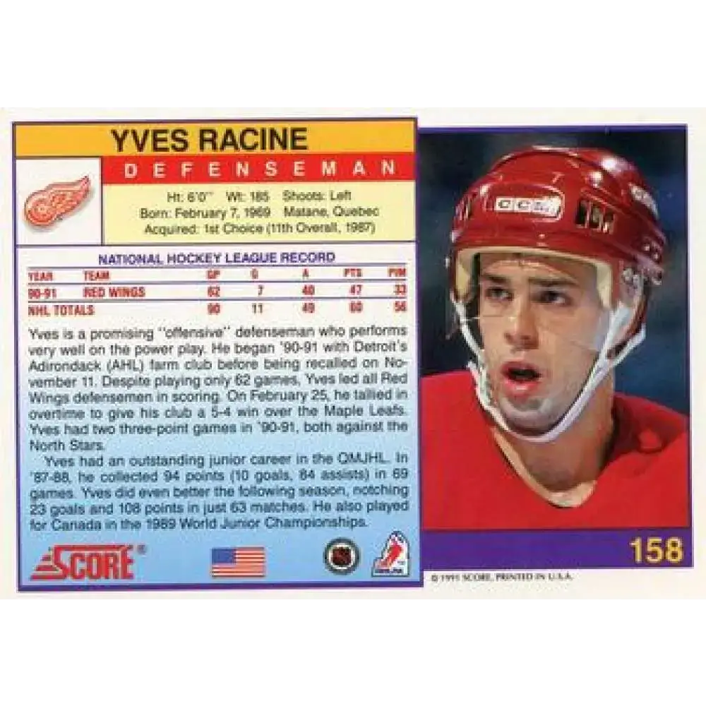 1991-92 Score American #158 Yves Racine NM-MT Detroit Red Wings Hockey Card - Hockey Card Single