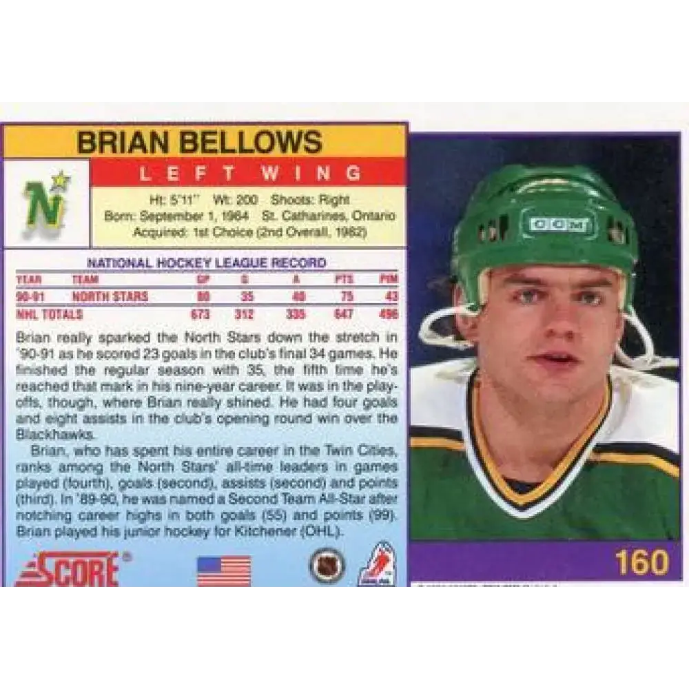 1991-92 Score American #160 Brian Bellows NM-MT Minnesota North Stars Hockey Card - Hockey Card Single