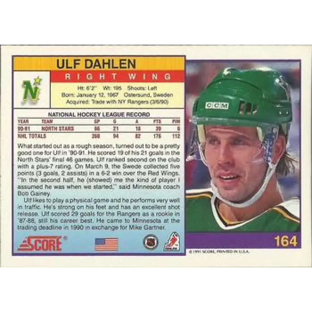 1991-92 Score American #164 Ulf Dahlen NM-MT Minnesota North Stars Hockey Card - Hockey Card Single