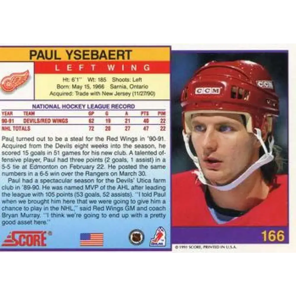 1991-92 Score American #166 Paul Ysebaert NM-MT Detroit Red Wings Hockey Card - Hockey Card Single