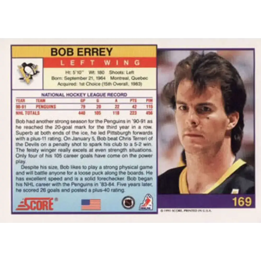 1991-92 Score American #169 Bob Errey NM-MT Pittsburgh Penguins Hockey Card - Hockey Card Single