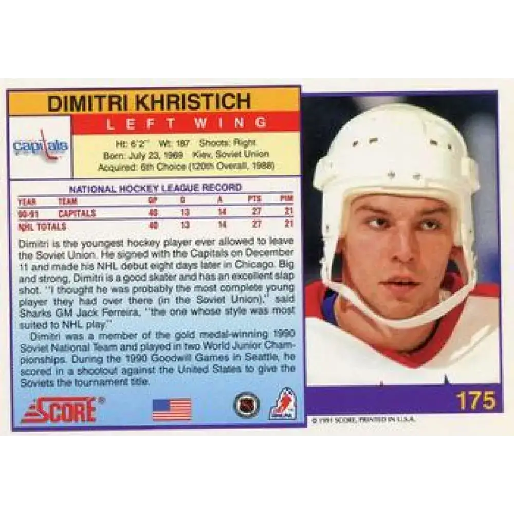 1991-92 Score American #175 Dimitri Khristich NM-MT Washington Capitals Hockey Card - Hockey Card Single