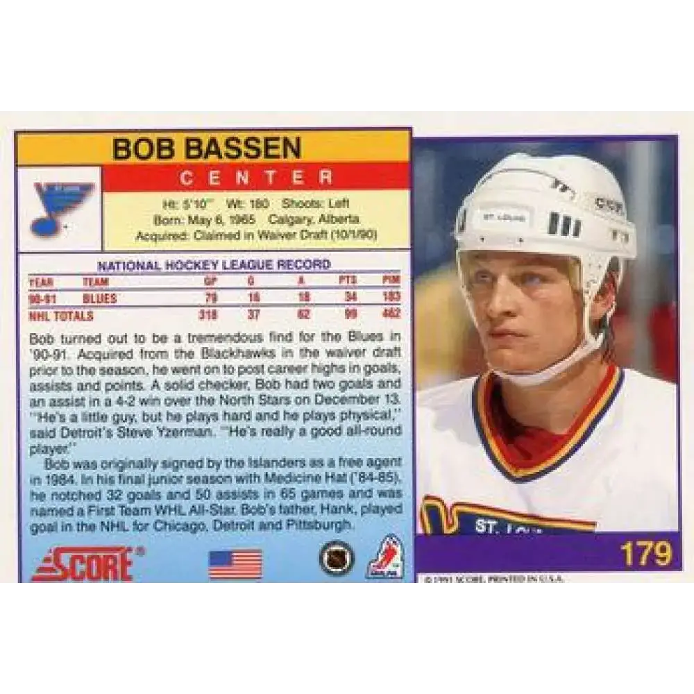 1991-92 Score American #179 Bob Bassen NM-MT St. Louis Blues Hockey Card - Hockey Card Single