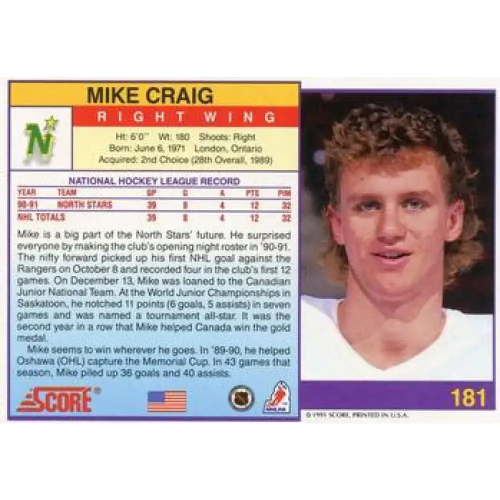 1991-92 Score American #181 Mike Craig NM-MT Minnesota North Stars Hockey Card - Hockey Card Single