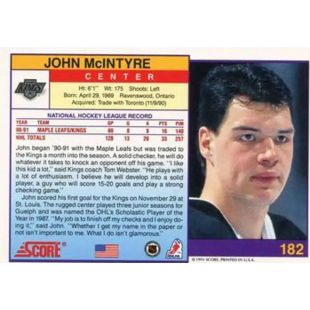 1991-92 Score American #182 John McIntyre NM-MT Los Angeles Kings Hockey Card - Hockey Card Single