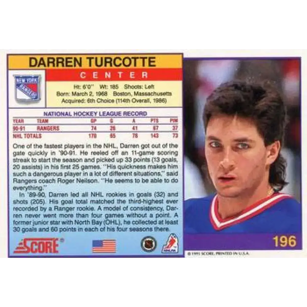1991-92 Score American #196 Darren Turcotte NM-MT New York Rangers Hockey Card - Hockey Card Single