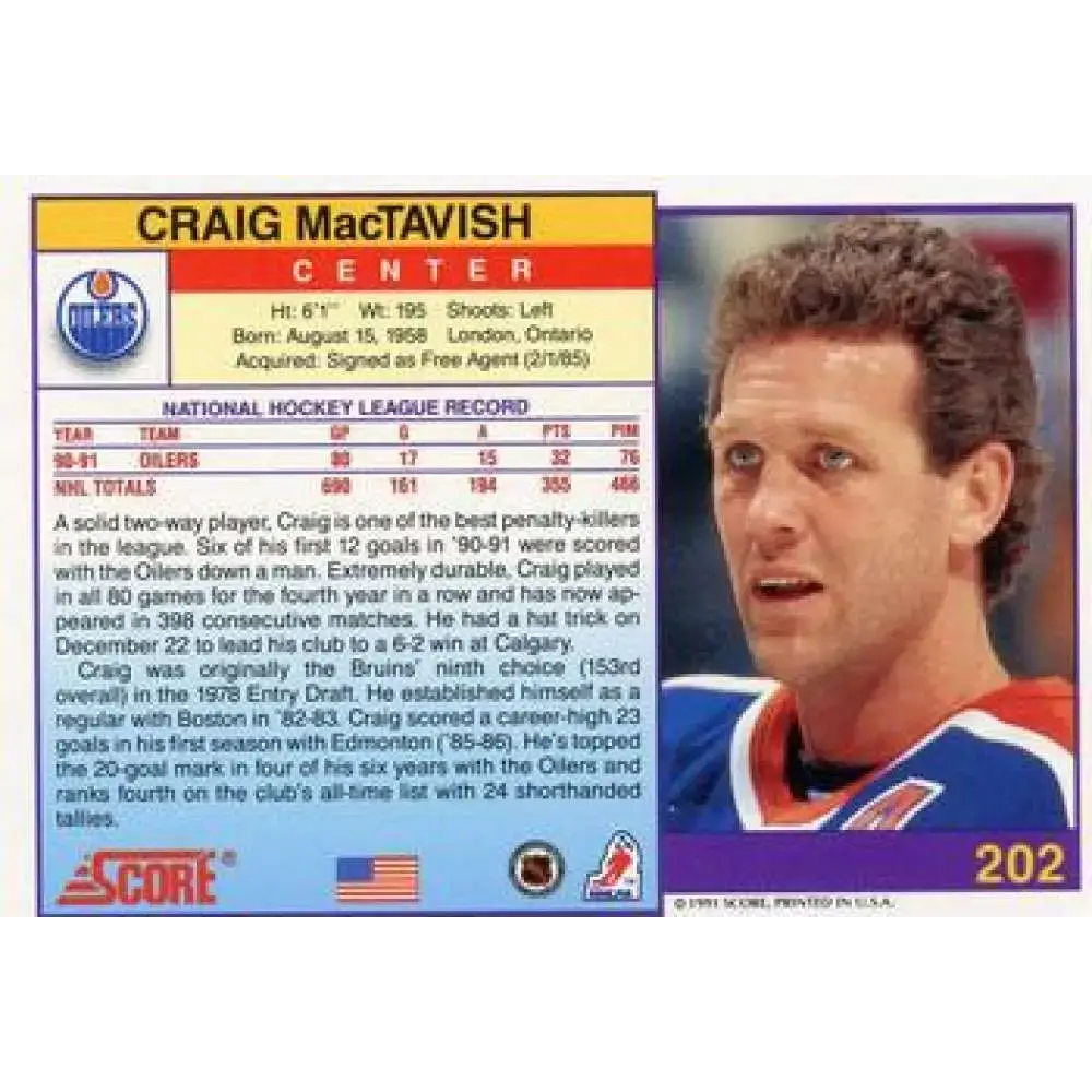 1991-92 Score American #202 Craig MacTavish NM-MT Edmonton Oilers Hockey Card - Hockey Card Single
