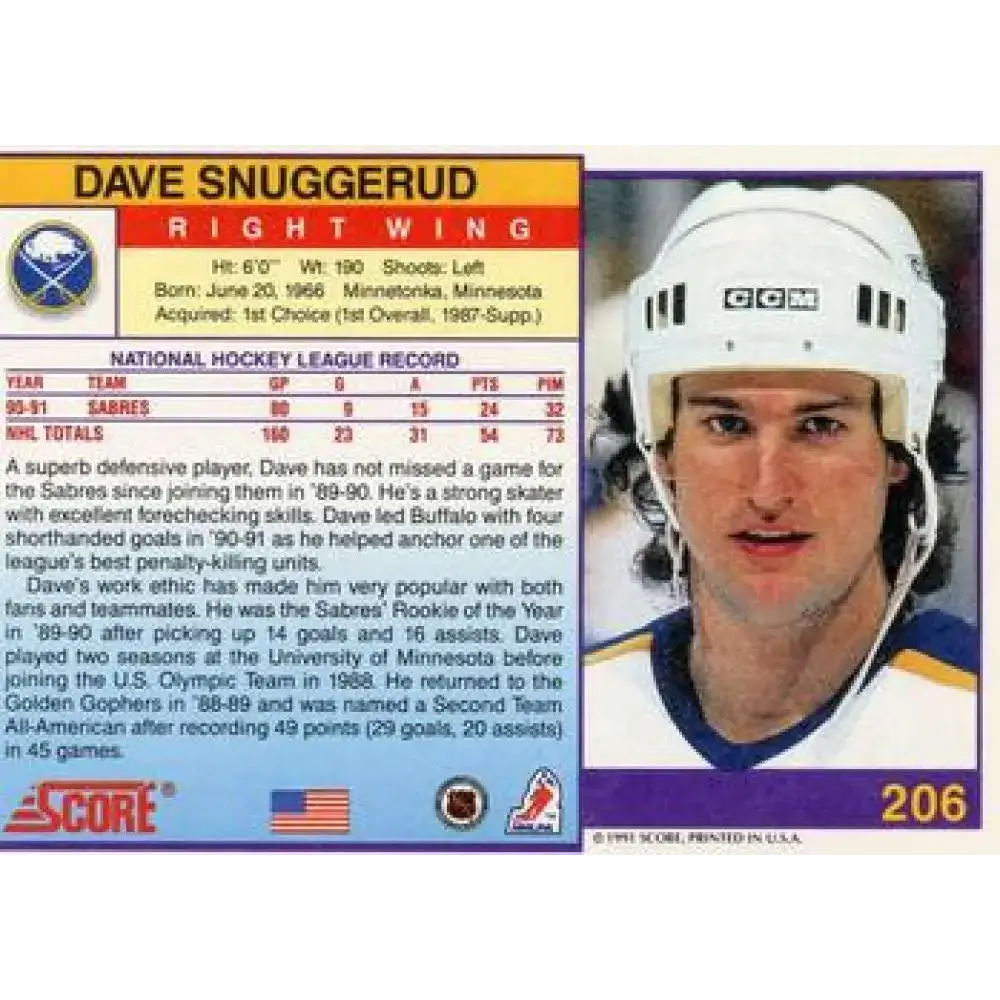 1991-92 Score American #206 Dave Snuggerud NM-MT Buffalo Sabres Hockey Card - Hockey Card Single