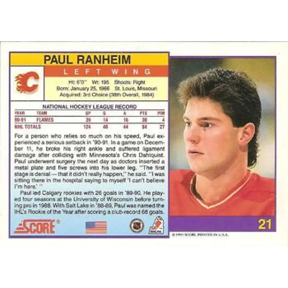 1991-92 Score American #21 Paul Ranheim NM-MT Calgary Flames Hockey Card - Hockey Card Single