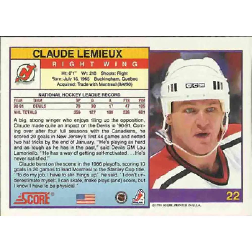 1991-92 Score American #22 Claude Lemieux NM-MT New Jersey Devils Hockey Card - Hockey Card Single