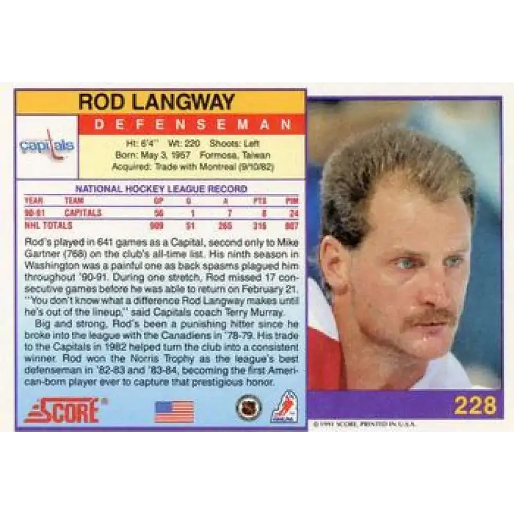 1991-92 Score American #228 Rod Langway NM-MT Washington Capitals Hockey Card - Hockey Card Single