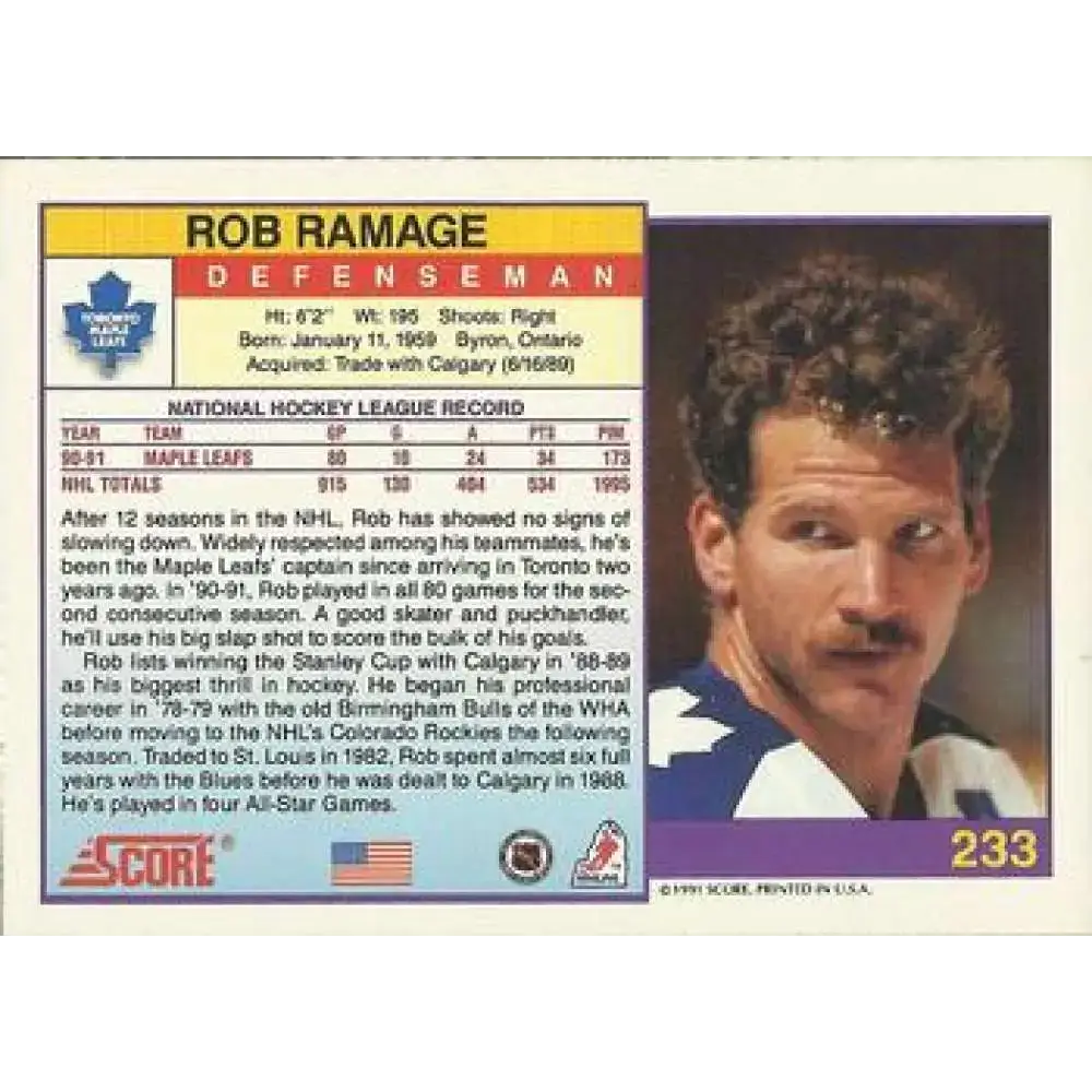 1991-92 Score American #233 Rob Ramage NM-MT Toronto Maple Leafs Hockey Card - Hockey Card Single