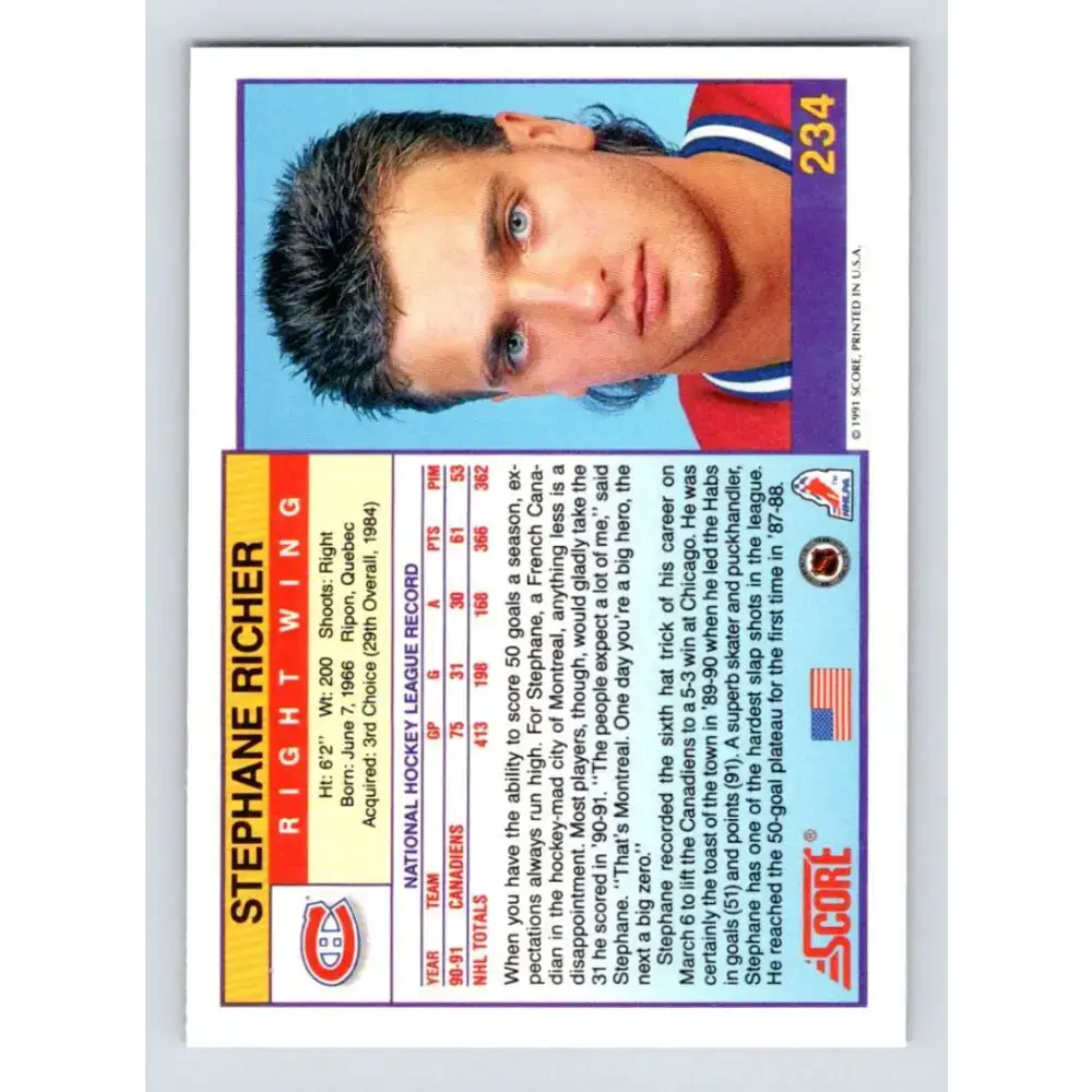 1991-92 Score American #234 Stephane Richer NM-MT Montreal Canadiens Hockey Card - Hockey Card Single