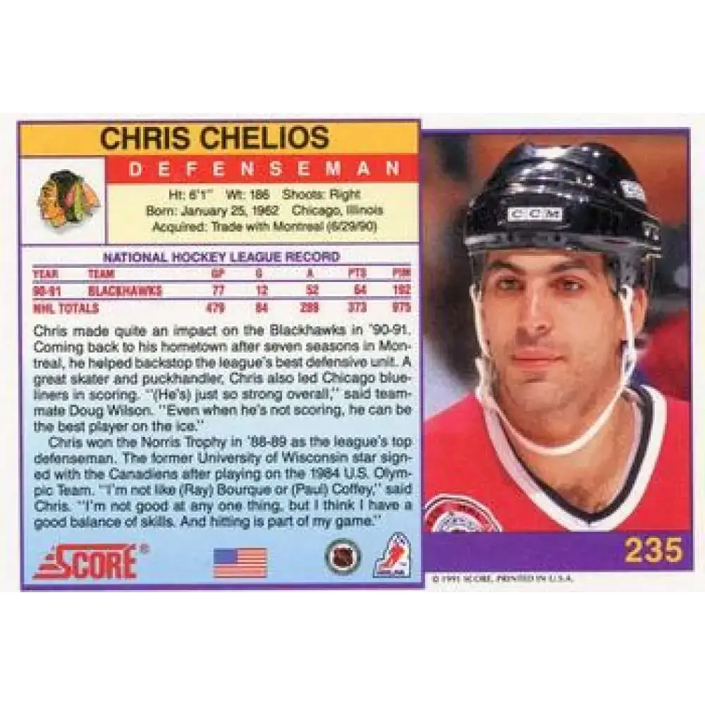 1991-92 Score American #235 Chris Chelios NM-MT Chicago Blackhawks Hockey Card - Hockey Card Single
