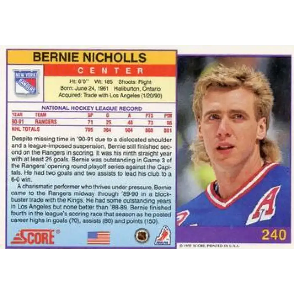 1991-92 Score American #240 Bernie Nicholls NM-MT New York Rangers Hockey Card - Hockey Card Single