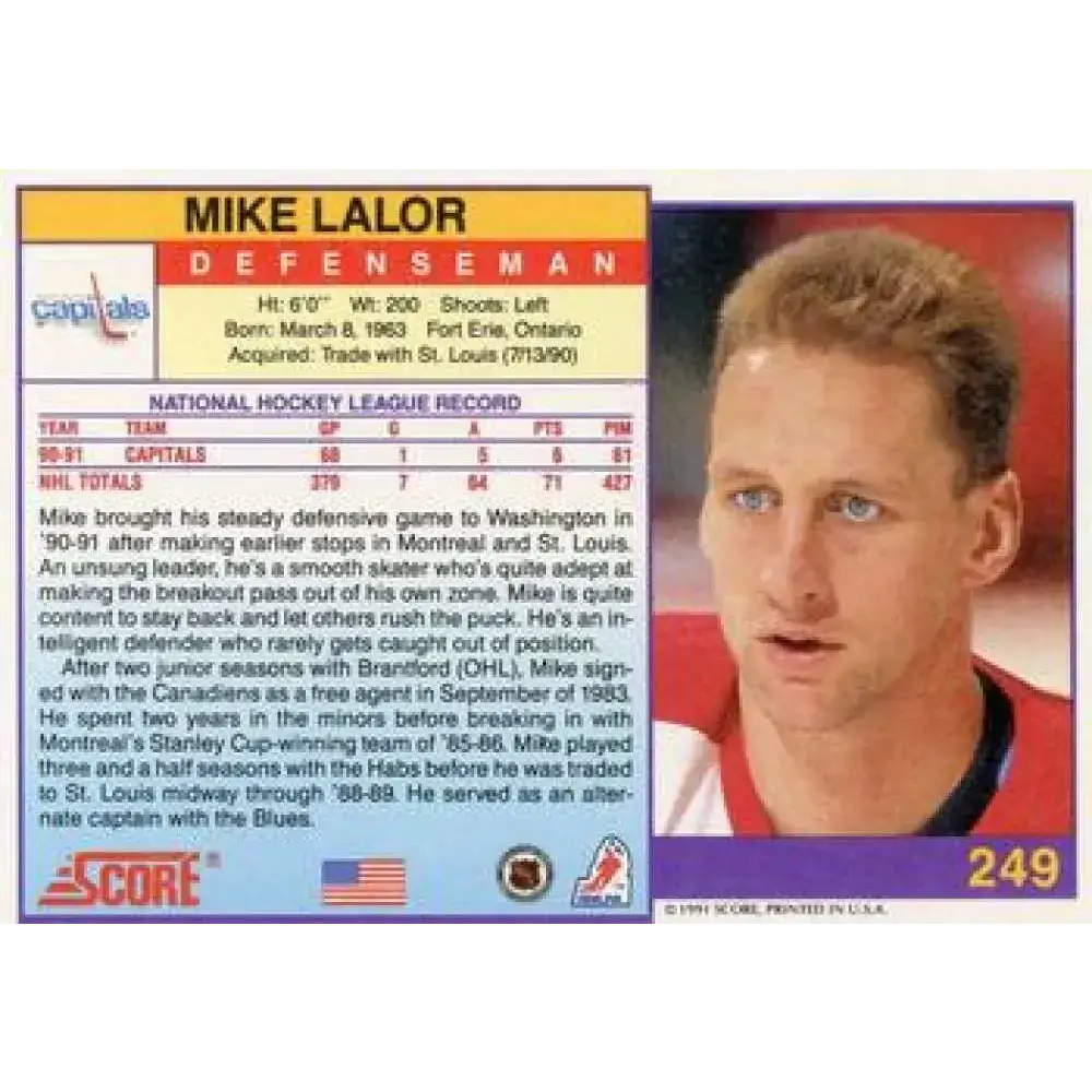 1991-92 Score American #249 Mike Lalor NM-MT Washington Capitals Hockey Card - Hockey Card Single