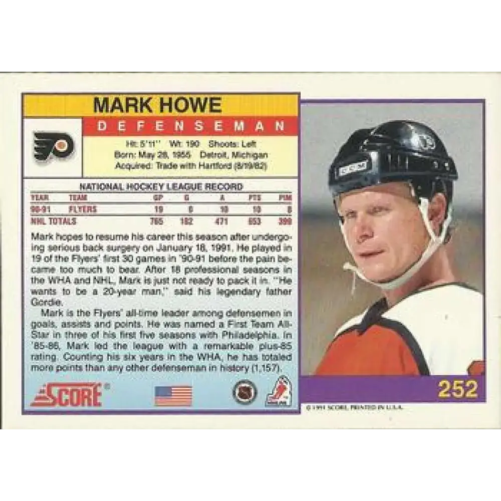1991-92 Score American #252 Mark Howe NM-MT Philadelphia Flyers Hockey Card - Hockey Card Single