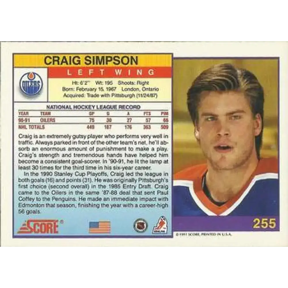 1991-92 Score American #255 Craig Simpson NM-MT Edmonton Oilers Hockey Card - Hockey Card Single