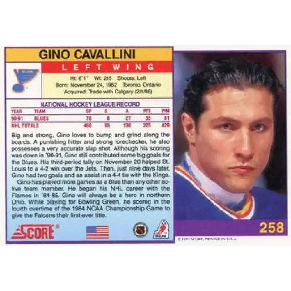 1991-92 Score American #258 Gino Cavallini NM-MT St. Louis Blues Hockey Card - Hockey Card Single