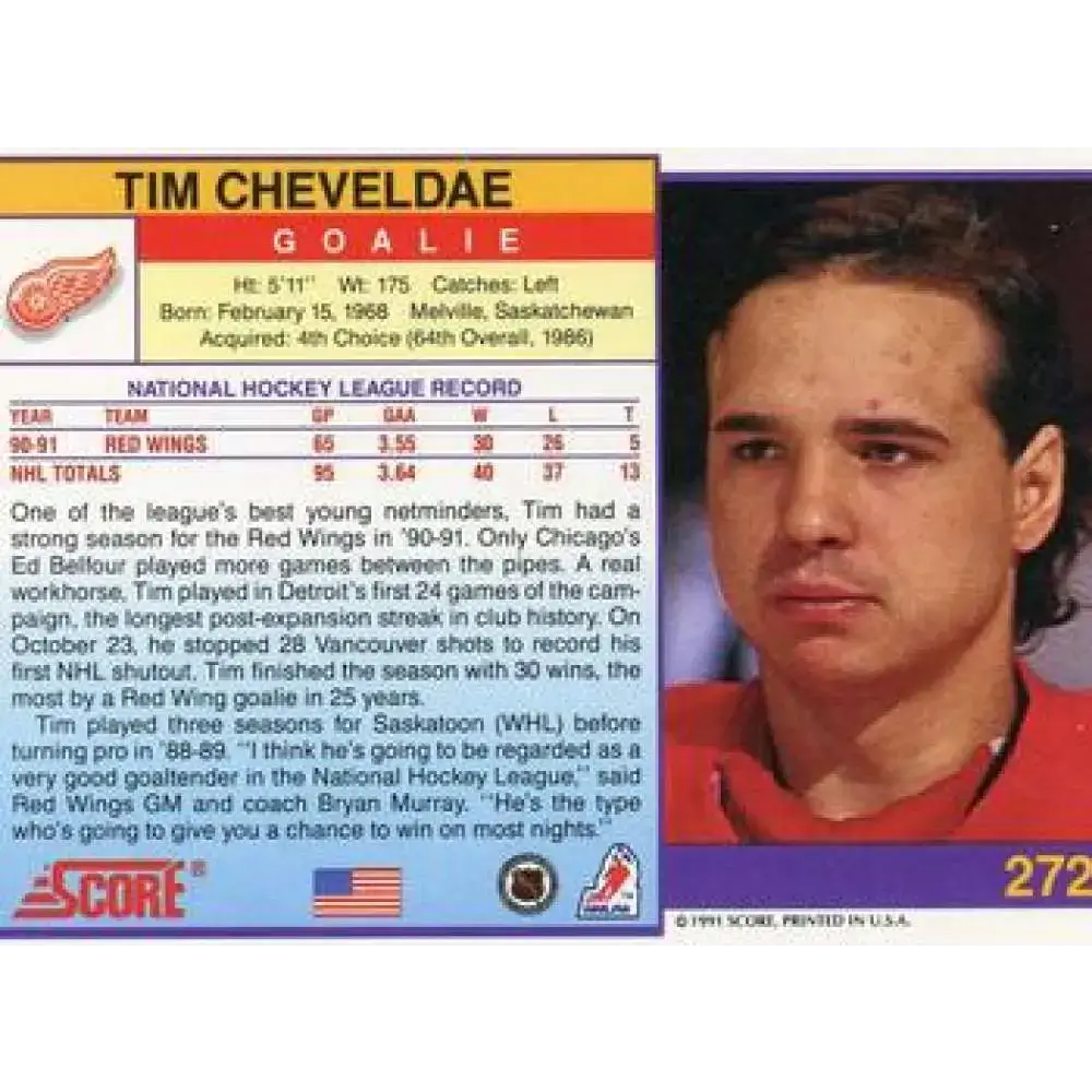 1991-92 Score American #272 Tim Cheveldae NM-MT Detroit Red Wings Hockey Card - Hockey Card Single