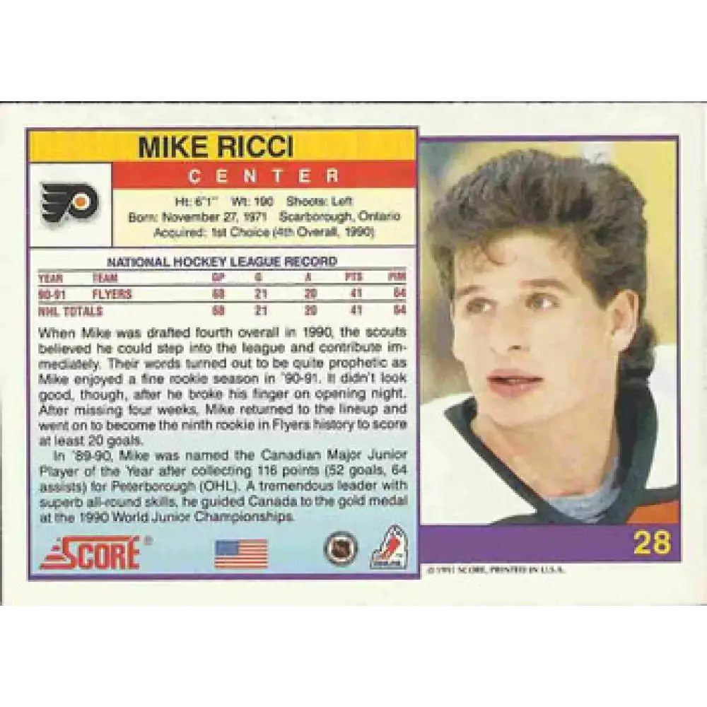 1991-92 Score American #28 Mike Ricci NM-MT Philadelphia Flyers Hockey Card - Hockey Card Single