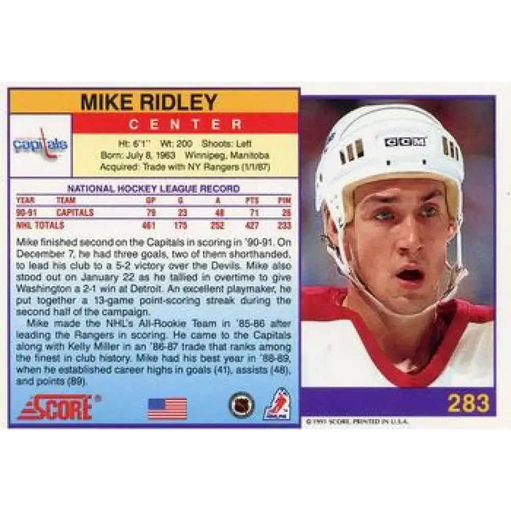 1991-92 Score American #283 Mike Ridley NM-MT Washington Capitals Hockey Card - Hockey Card Single