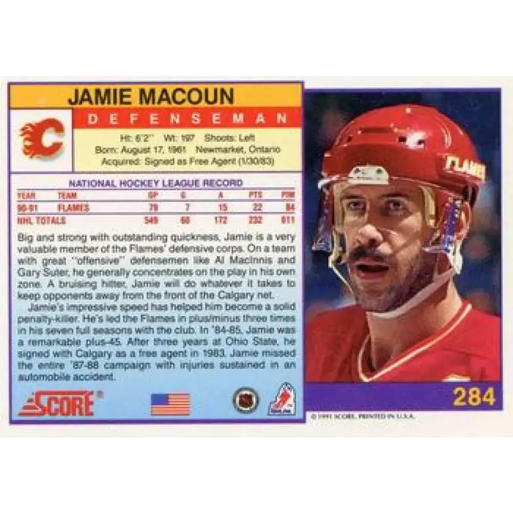 1991-92 Score American #284 Jamie Macoun NM-MT Calgary Flames Hockey Card - Hockey Card Single