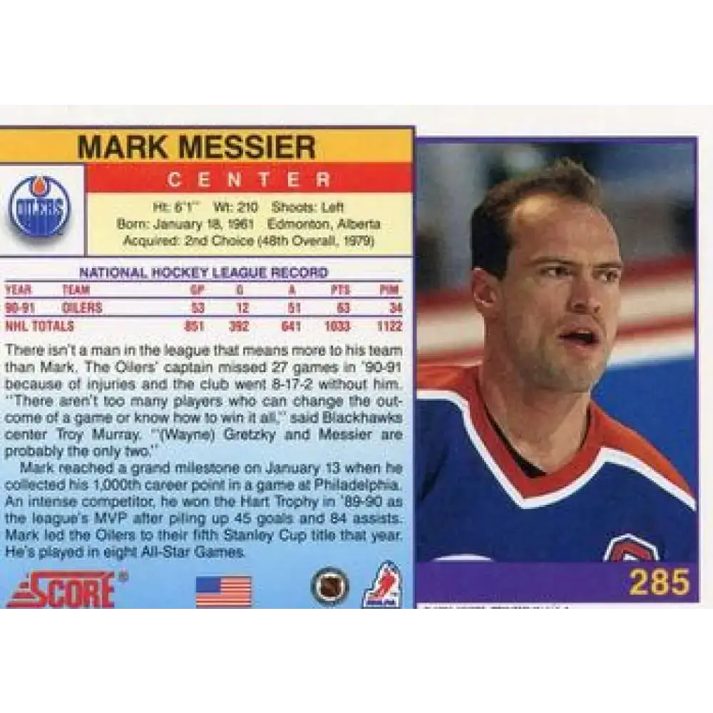 1991-92 Score American #285 Mark Messier NM-MT Edmonton Oilers Hockey Card - Hockey Card Single