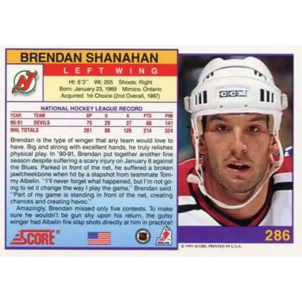 1991-92 Score American #286 Brendan Shanahan NM-MT New Jersey Devils Hockey Card - Hockey Card Single