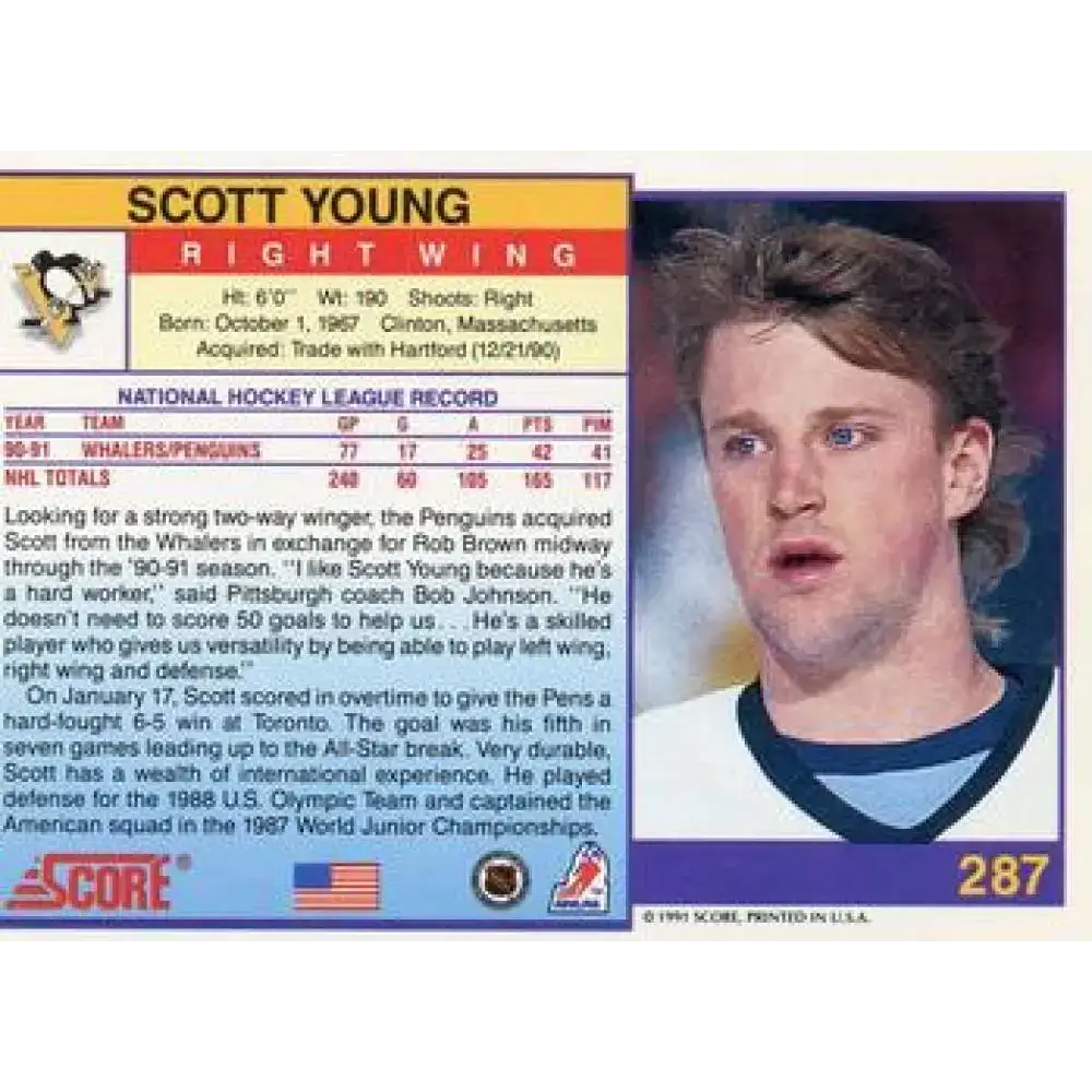 1991-92 Score American #287 Scott Young NM-MT Pittsburgh Penguins Hockey Card - Hockey Card Single