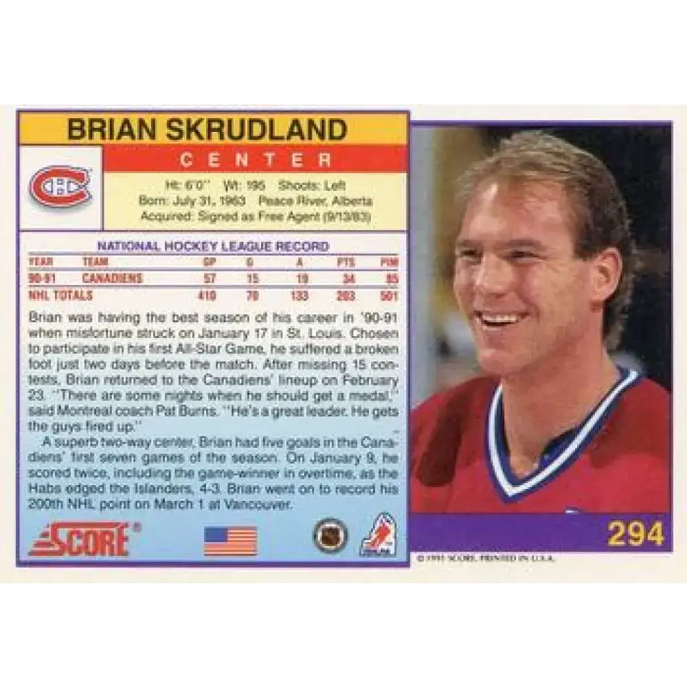 1991-92 Score American #294 Brian Skrudland NM-MT Montreal Canadiens Hockey Card
