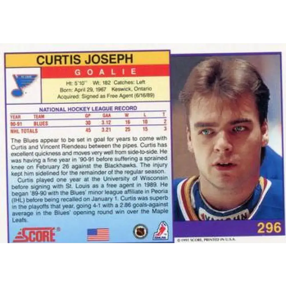 1991-92 Score American #296 Curtis Joseph NM-MT St. Louis Blues Hockey Card - Hockey Card Single