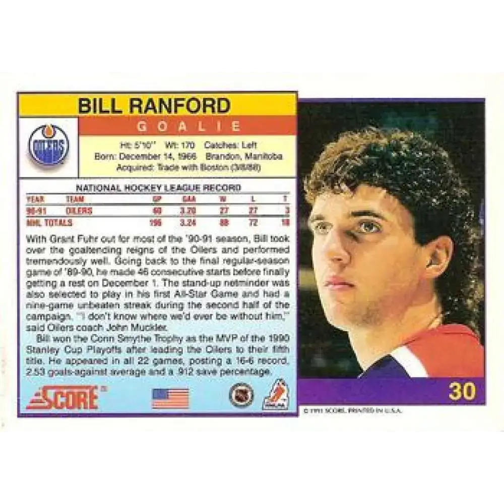 1991-92 Score American #30 Bill Ranford NM-MT Edmonton Oilers Hockey Card - Hockey Card Single