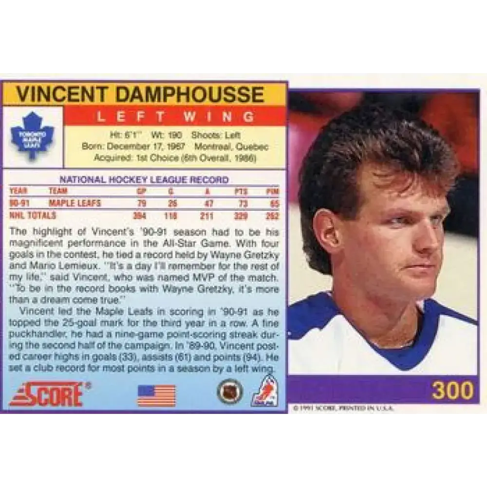 1991-92 Score American #300 Vincent Damphousse NM-MT Toronto Maple Leafs Hockey Card - Hockey Card Single
