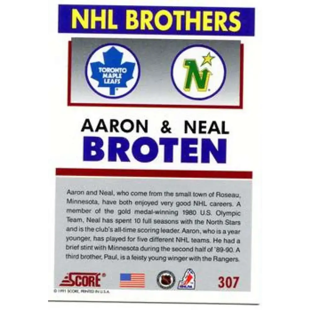 1991-92 Score American #307 Neal Broten/Aaron Broten NM-MT Minnesota North Stars Hockey Card - Hockey Card Single
