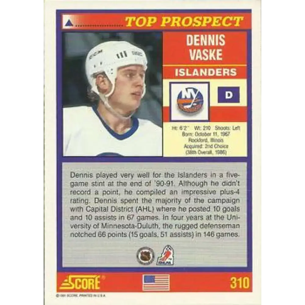 1991-92 Score American #310 Dennis Vaske NM-MT New York Islanders Hockey Card - Hockey Card Single