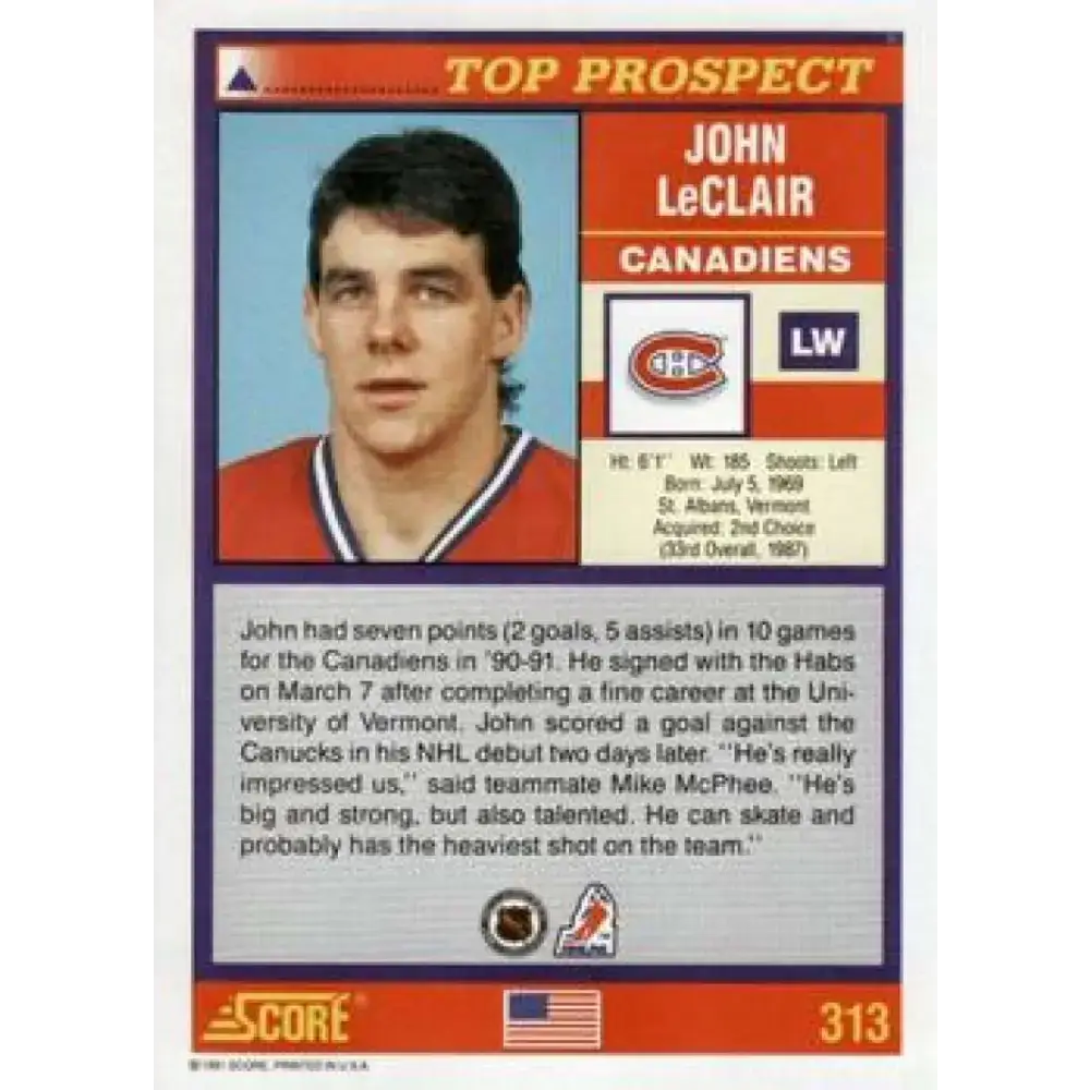 1991-92 Score American #313 John LeClair NM-MT RC Rookie Montreal Canadiens Hockey Card - Hockey Card Single