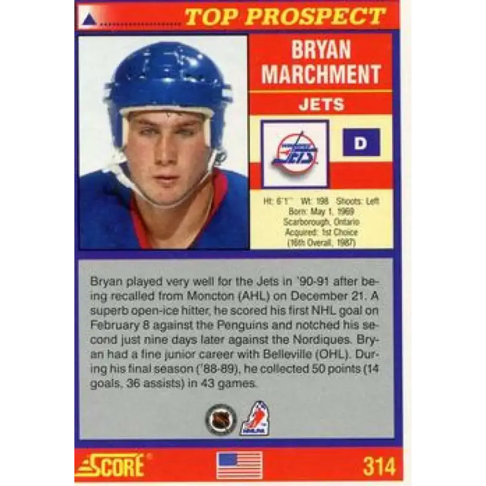 1991-92 Score American #314 Bryan Marchment NM-MT RC Rookie Winnipeg Jets Hockey Card - Hockey Card Single