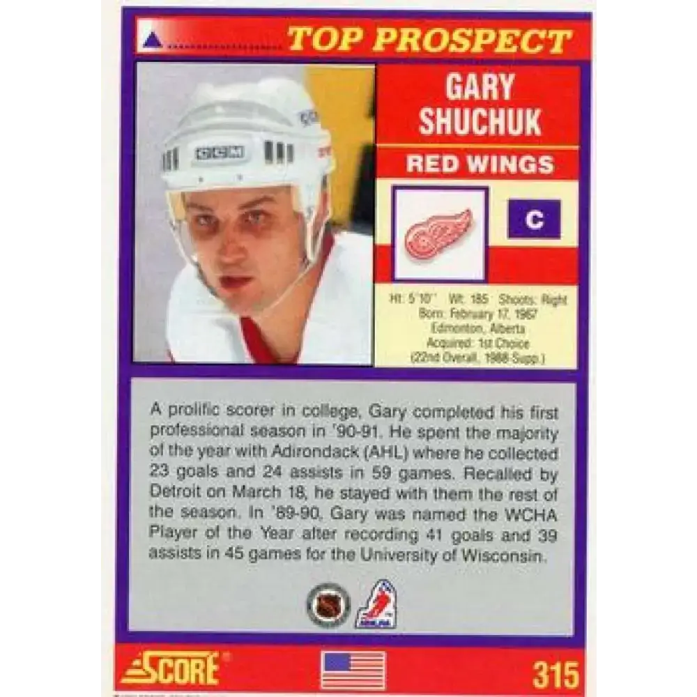 1991-92 Score American #315 Gary Shuchuk NM-MT Detroit Red Wings Hockey Card - Hockey Card Single