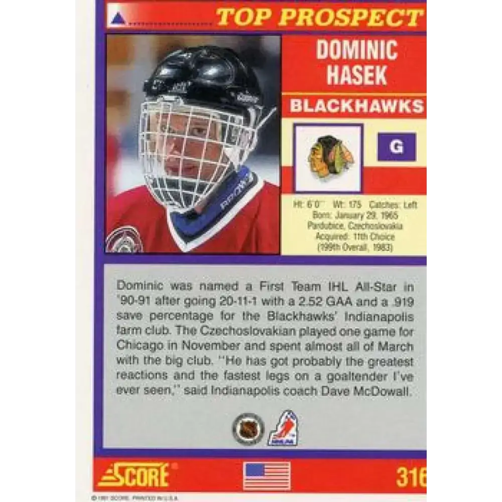 1991-92 Score American #316 Dominik Hasek NM-MT RC Rookie Chicago Blackhawks Hockey Card