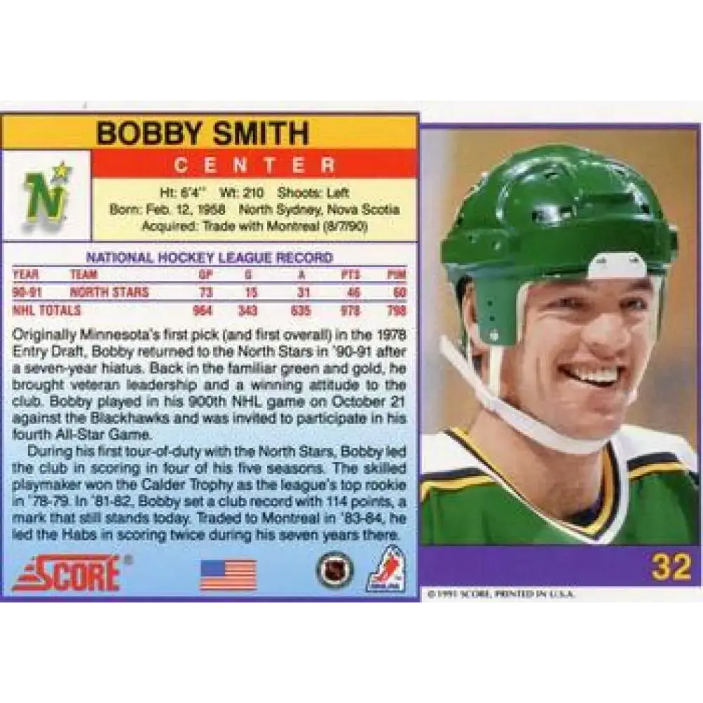 1991-92 Score American #32 Bobby Smith NM-MT Minnesota North Stars Hockey Card - Hockey Card Single