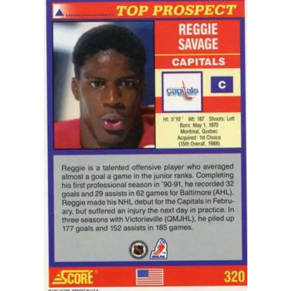 1991-92 Score American #320 Reggie Savage NM-MT RC Rookie Washington Capitals Hockey Card - Hockey Card Single