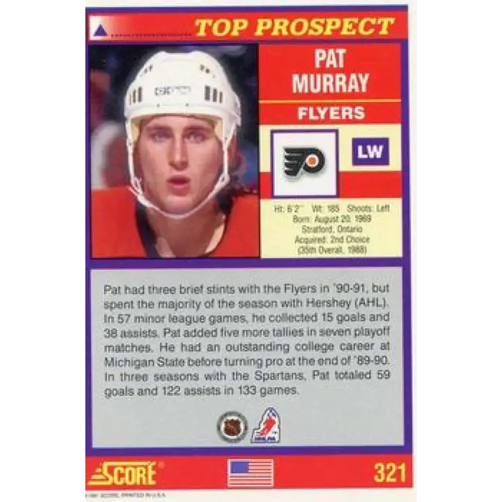 1991-92 Score American #321 Pat Murray NM-MT Philadelphia Flyers Hockey Card - Hockey Card Single