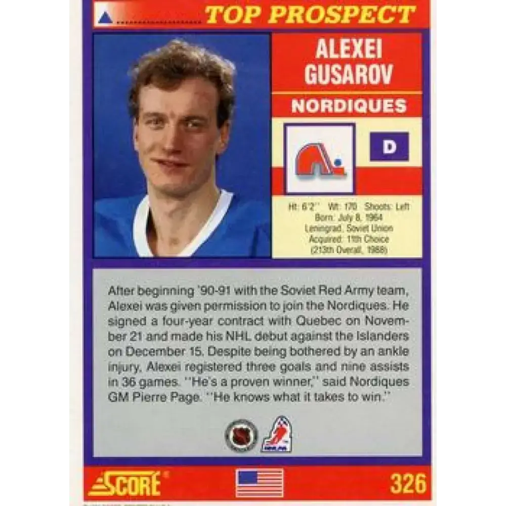 1991-92 Score American #326 Alexei Gusarov NM-MT RC Rookie Quebec Nordiques Hockey Card - Hockey Card Single