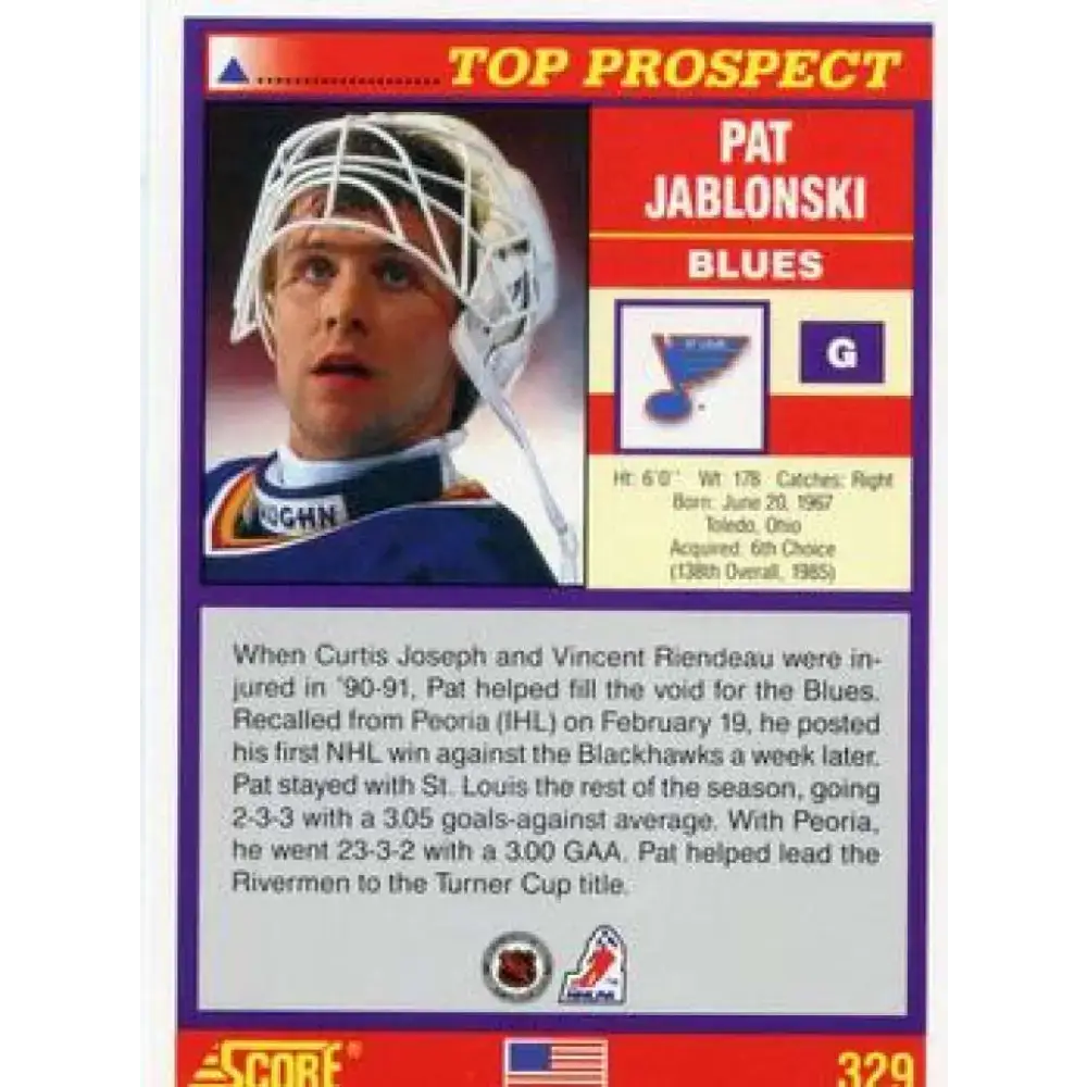 1991-92 Score American #329 Pat Jablonski NM-MT RC Rookie St. Louis Blues Hockey Card - Hockey Card Single