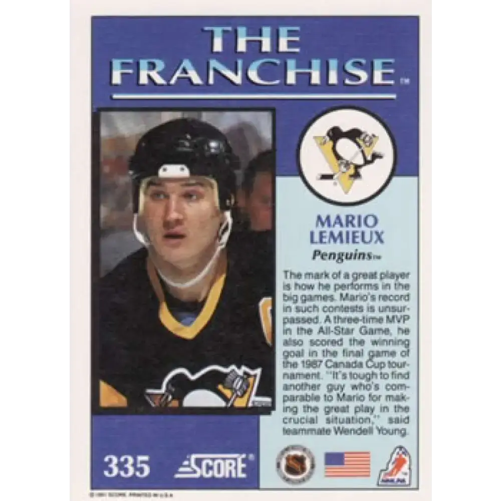 1991-92 Score American #335 Mario Lemieux NM-MT Pittsburgh Penguins Hockey Card - Hockey Card Single