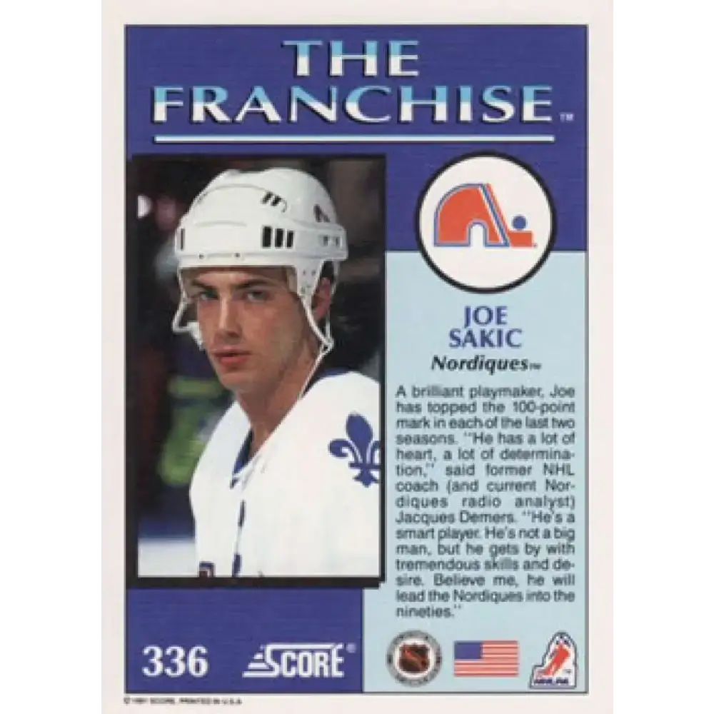 1991-92 Score American #336 Joe Sakic NM-MT Quebec Nordiques Hockey Card - Hockey Card Single