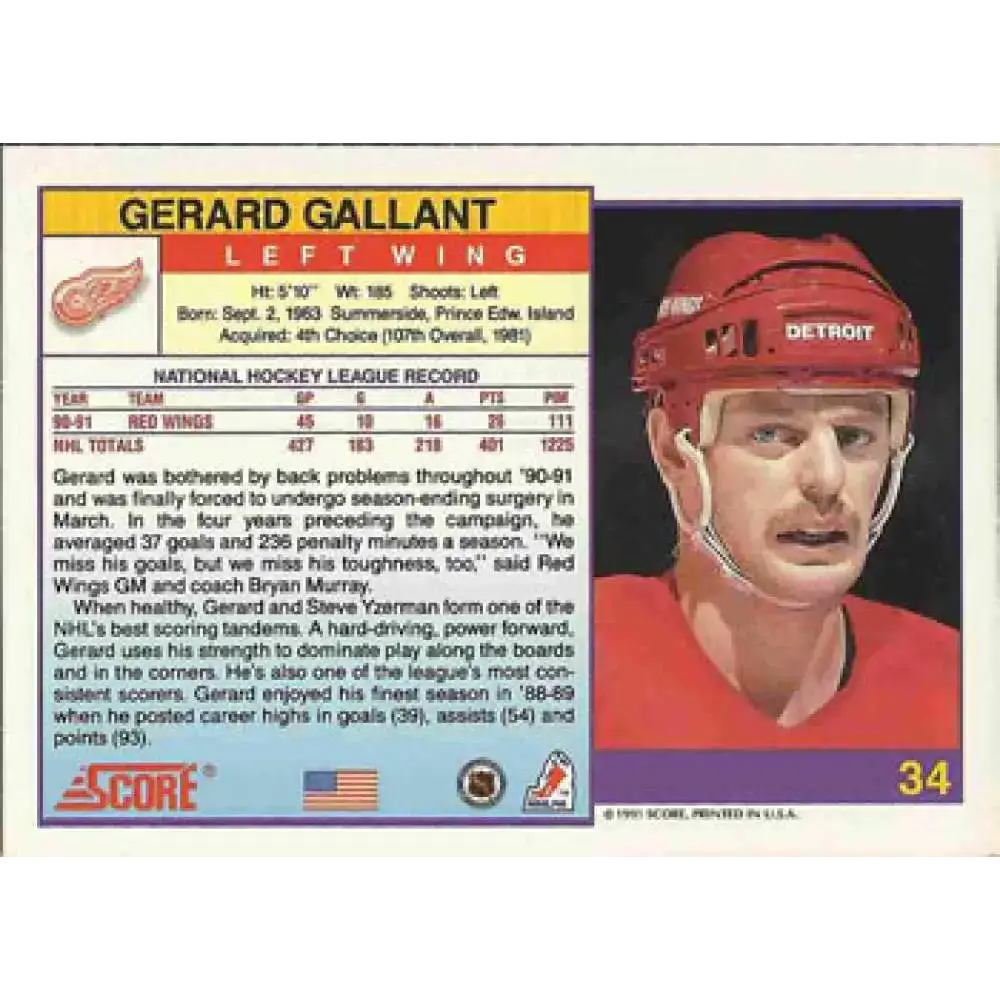 1991-92 Score American #34 Gerard Gallant NM-MT Detroit Red Wings Hockey Card - Hockey Card Single